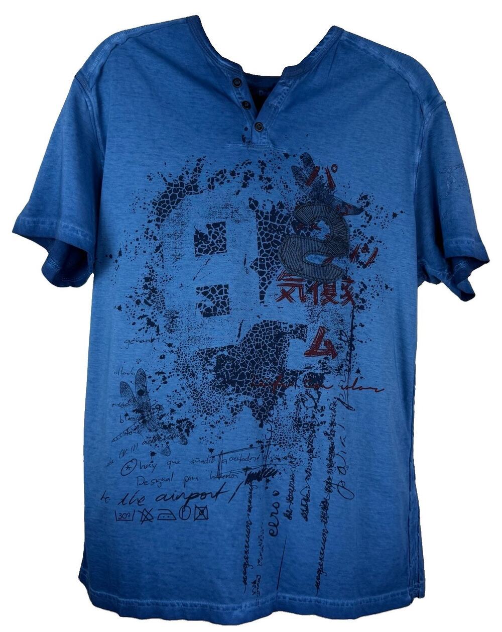 DESIGUAL Men's Blue Eckard Applique Y2K Vintage Short Sleeve Shirt Large $60 NWT